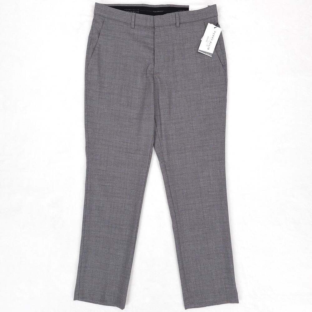 Perry Ellis Mens Slim Fit Dress Pants 34x34 Mid Grey Tonal Plaid Stretch NWT